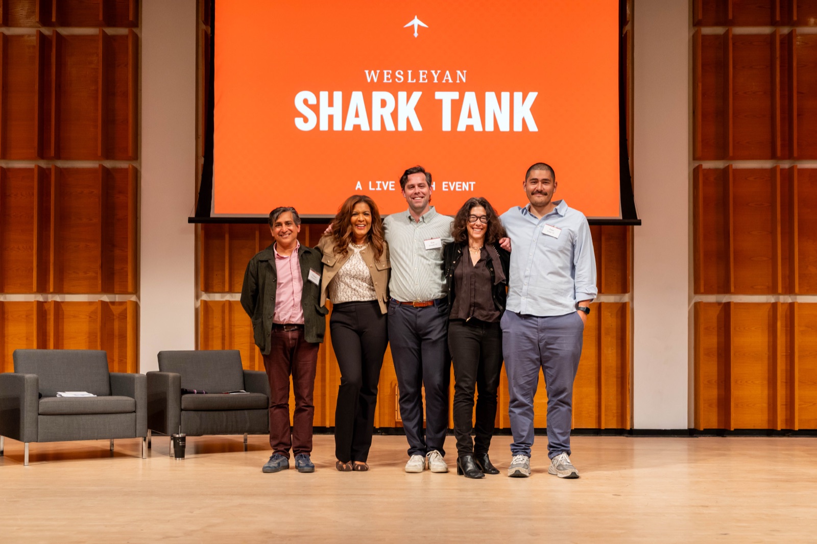 Wesleyan Shark Tank sponsor moment on stage